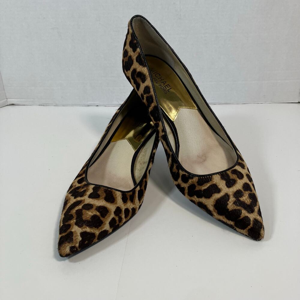 MK Michael Kors Sz 8.5 Leopard Print Calf Hair Kitten Heels Pointed Toe Pumps